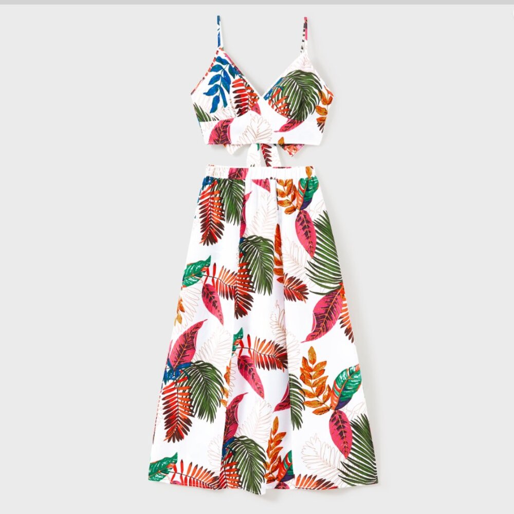 Hawaiian Tropical Leaf Print Tie‑Front Camisole Women Top & Skirt Set S, M, L,